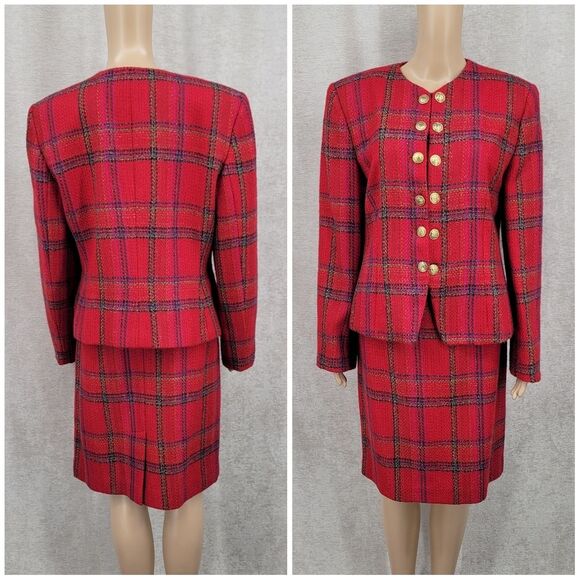 Ellen Tracy Red Plaid Blazer Double Breasted Gold Buttons Skirt Suit Set Tweed - Picture 16 of 16